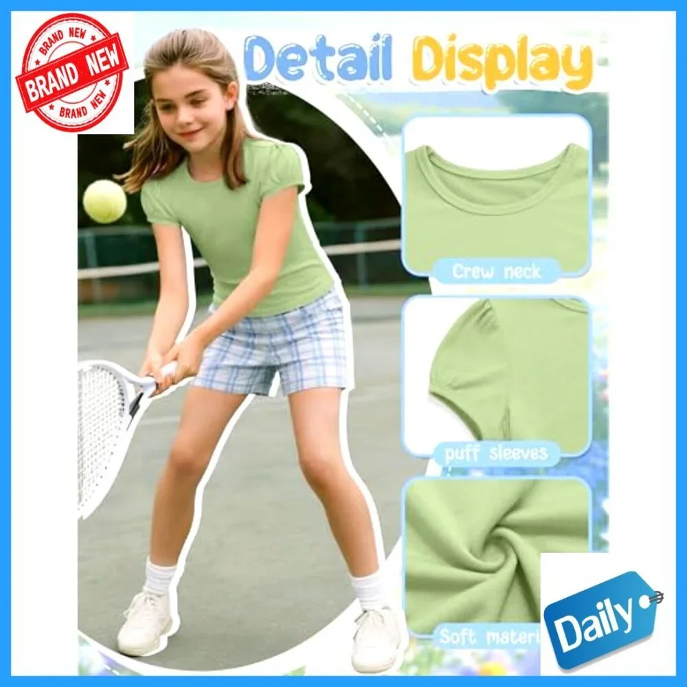 Girls' 3-Pack Puff Sleeve Tees Crew Neck Fitted Tops 5-14 Years